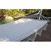 XL Free Standing Hammock: White Spreader Bar Canvas Hammock with Tassels and Arc Stand