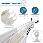 Close ups of the reinforced stitching, polyester end strings and steel hanging loop of the beige hammock