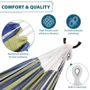 Close ups of the reinforced stitching, polyester end strings and steel hanging loop of the blue and green hammock