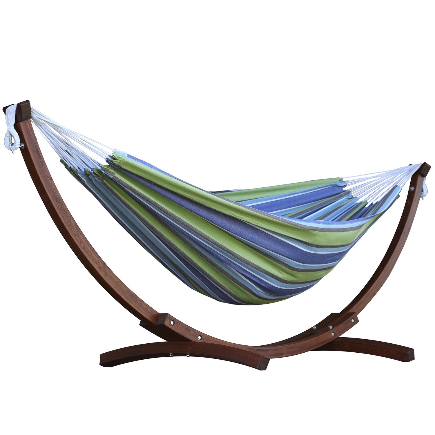 Free Standing Hammock: Large Blue and Green Stripes with Dark Wood Stand