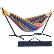 Mixed bright colours cotton hammock on a black steel stand with its carry bag, on white