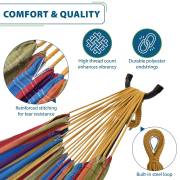 Close ups of the reinforced stitching, polyester end strings and steel hanging loop of the bright colours hammock