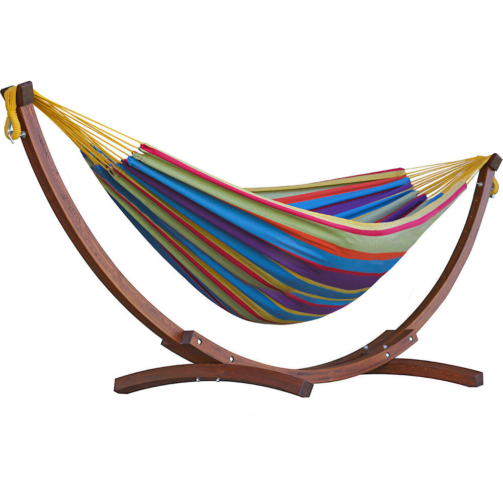 Free Standing Hammock: Large Mixed Bright Colours with Dark Wood Stand