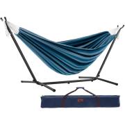 Mixed blues cotton hammock on a black steel stand with its carry bag, on white
