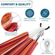 Close ups of the reinforced stitching, polyester end strings and steel hanging loop of the red and orange hammock