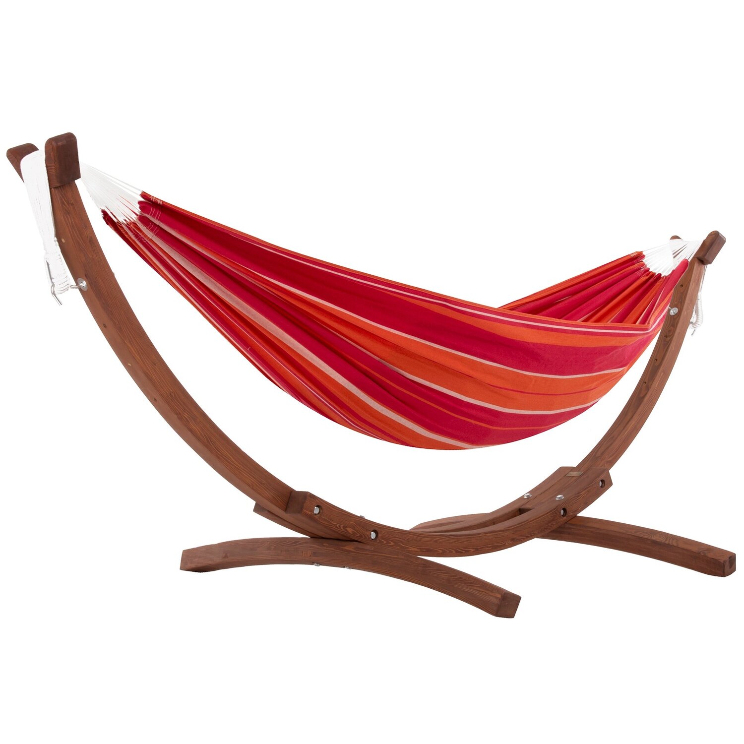 Free Standing Hammock: Large Red and Orange with Dark Wood Stand