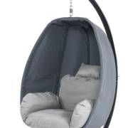 Close up of the grey folding pod with its cushion and pillow, seen from the front