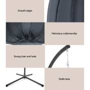 Details of the egg chair, smooth edges, stitched pod panels, chain and hook, and the four leg base