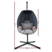 Grey egg chair on stand with dimensions marked, 200cm tall, 105cm base, pod 90cm wide, 70cm deep and 110cm tall