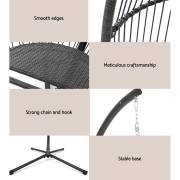 Details of the open weave egg chair, smooth edges, wicker weave, chain and hook, and the base