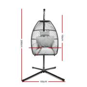 Grey open weave egg chair with dimensions marked, 200cm tall, 105cm base, pod 80cm wide, 60cm deep and 110cm tall