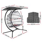 Grey two seater egg chair with dimensions marked, 186cm tall, 173cm by 110cm base, pod 128cm wide and 100cm tall, canopy 144cm by 130cm
