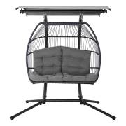 Front view of the grey two seater egg chair with canopy, on white