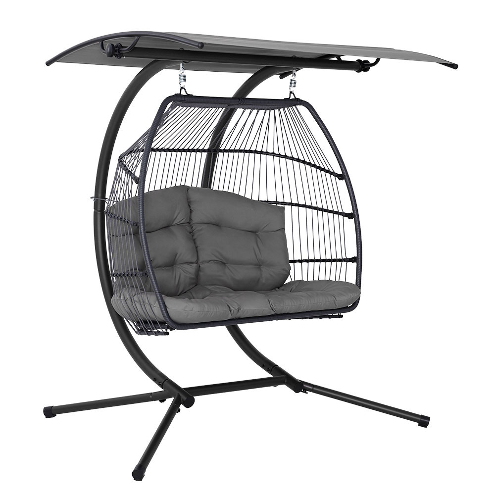 Grey Two Seater Hanging Egg Chair with Canopy and Stand