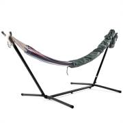 Sleeve slid back along the hammock to show the hammock underneath on its steel stand