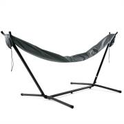 Grey protective sleeve closed over a hammock on a black steel stand, on white