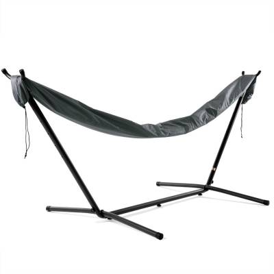 Grey protective sleeve closed over a hammock on a black steel stand, on white