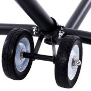 Close up of the wheel kit bolted to the leg of a steel hammock stand