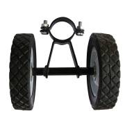 Wheel kit on white: two rubber wheels on a steel bracket with its clamp