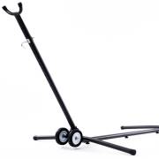Black steel hammock stand with the wheel kit fitted to one end, on white