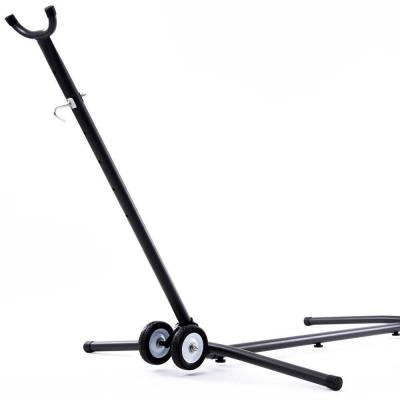 Black steel hammock stand with the wheel kit fitted to one end, on white