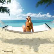 Large White Canvas Hammock with Dark Spreader Bar and Pillow