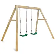 Timber double swing set from an angle, showing the A-frame legs and braces