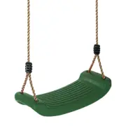 Close-up of one green moulded swing seat on its adjustable ropes, on white
