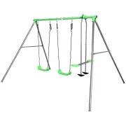 Steel swing set from an angle, showing the A-frame legs and braces, on white