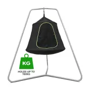 Cocoon tent swing on its steel frame, with a label reading holds up to 150kg
