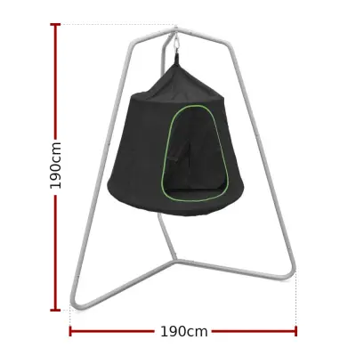 Cocoon on its steel A-frame with dimensions: frame 190cm high and 190cm wide