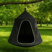 Kids cocoon tent swing hanging from a branch over a green lawn