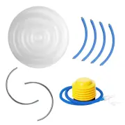 Cocoon parts laid out: inflatable floor cushion, four foam-covered poles, two half-circle poles and a foot pump
