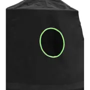 Round window with green trim at the back of the cocoon