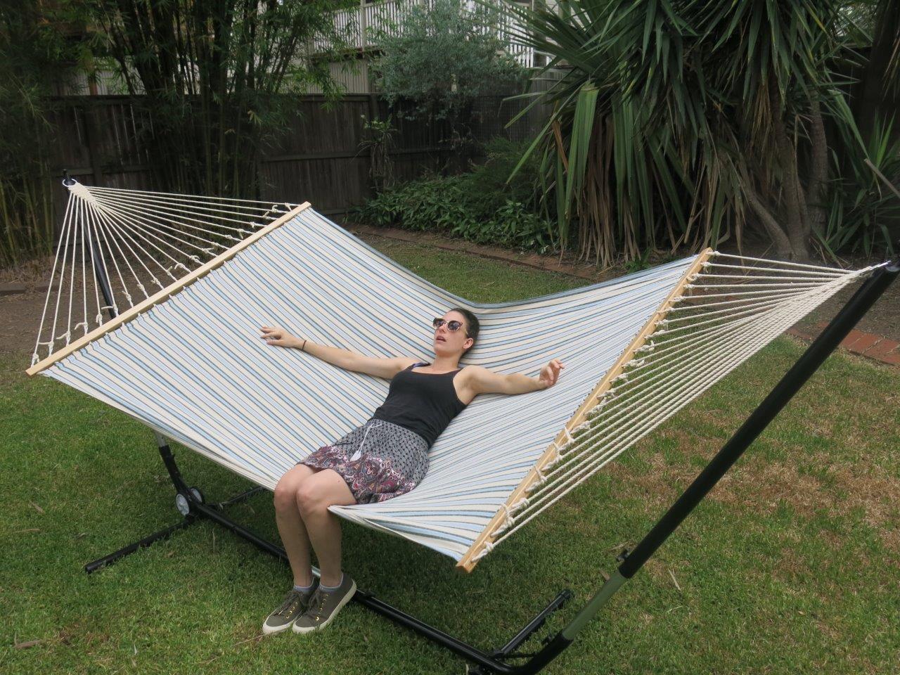 Large Blue And White Canvas Hammock With Spreader Bar Heavenly Hammocks