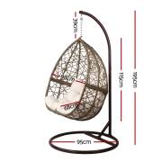 Latte rattan egg chair with dimensions marked, 195cm tall, 95cm base, pod 98cm wide, 68cm deep and 115cm tall