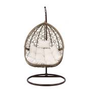 Front view of the latte rattan egg chair with cream cushions, on white