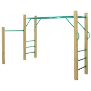 Timber and green steel monkey bars from an angle, on white