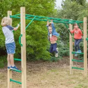 Three children on the monkey bars, one climbing the ladder end