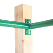 Close-up of the green steel rail bolted to a timber post