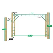 Dimension diagram: 303cm length, 200cm post height, 66cm frame width, 85cm low bar on a 143cm side post