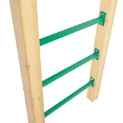 Green steel ladder rungs between two timber posts
