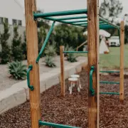 Timber post with a green grab handle and ladder rungs