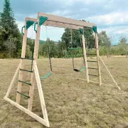 Monkey bar and swing set seen from one end, showing the ladder rungs