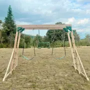 Monkey bar and swing set seen from the side, with trees behind