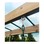 Swing hanger and carabiner holding a coated chain under the timber beam