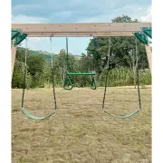 Two green belt swings and the trapeze bar hanging under the timber beam