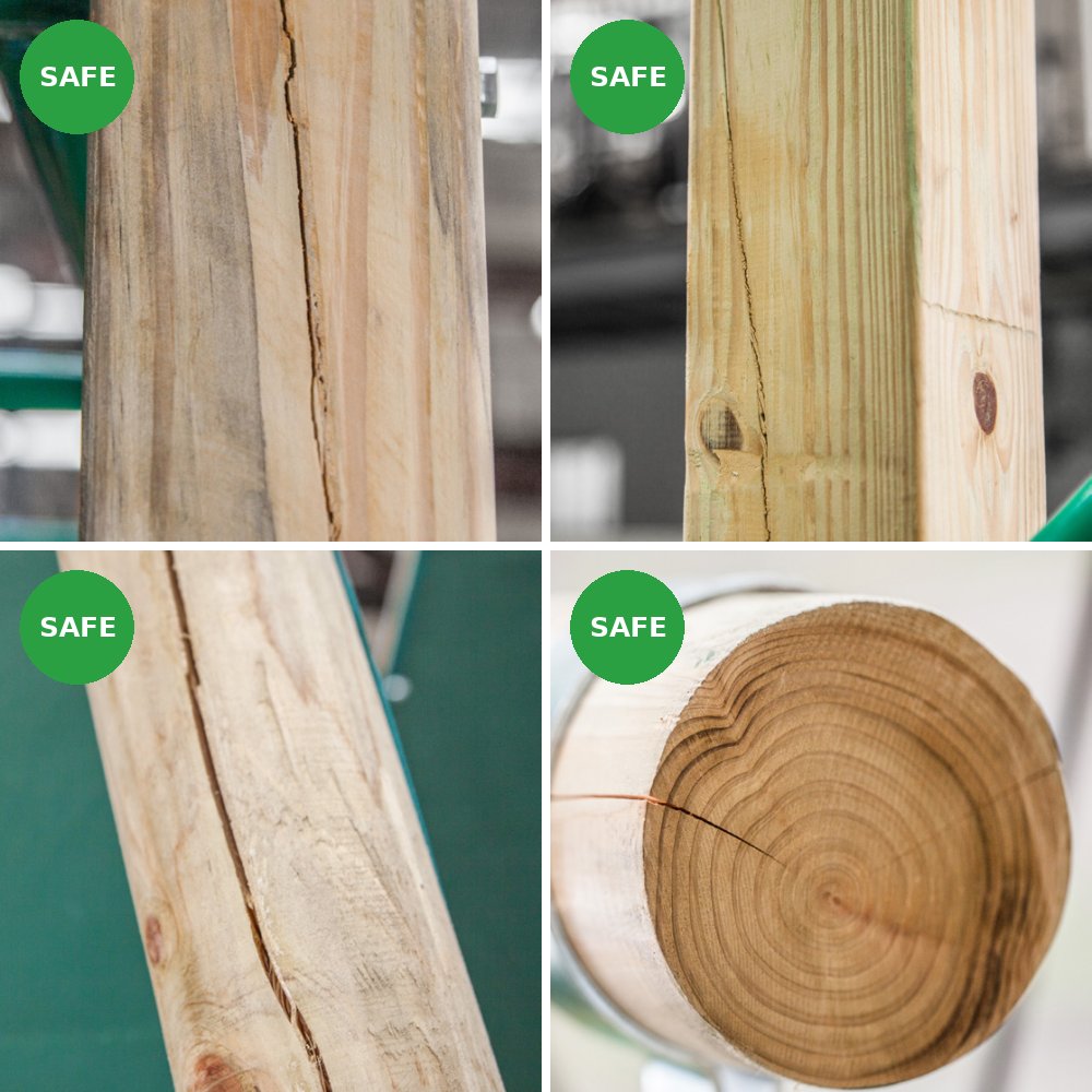 Four close-ups of cracks along the grain in timber posts, each marked safe
