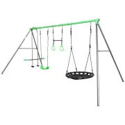 Steel swing set from an angle, showing the A-frame legs and braces, on white