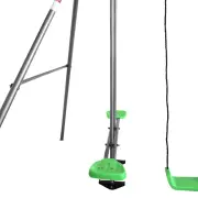 Glider seat and green swing seat beside a frame leg